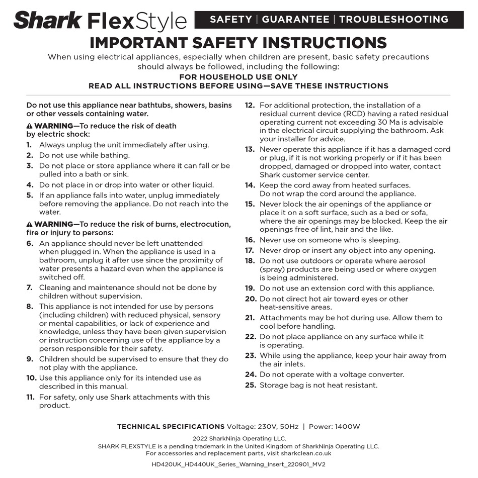 SHARK FLEXSTYLE HD440UK QUICK START MANUAL Pdf Download | ManualsLib