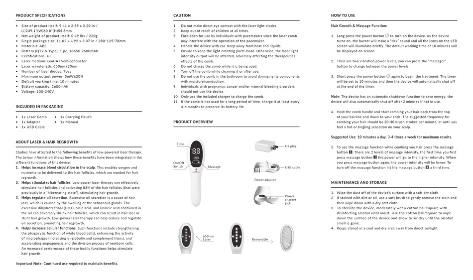 MEDIC THERAPEUTICS LASER THERAPY HAIR GROWTH COMB USER MANUAL Pdf