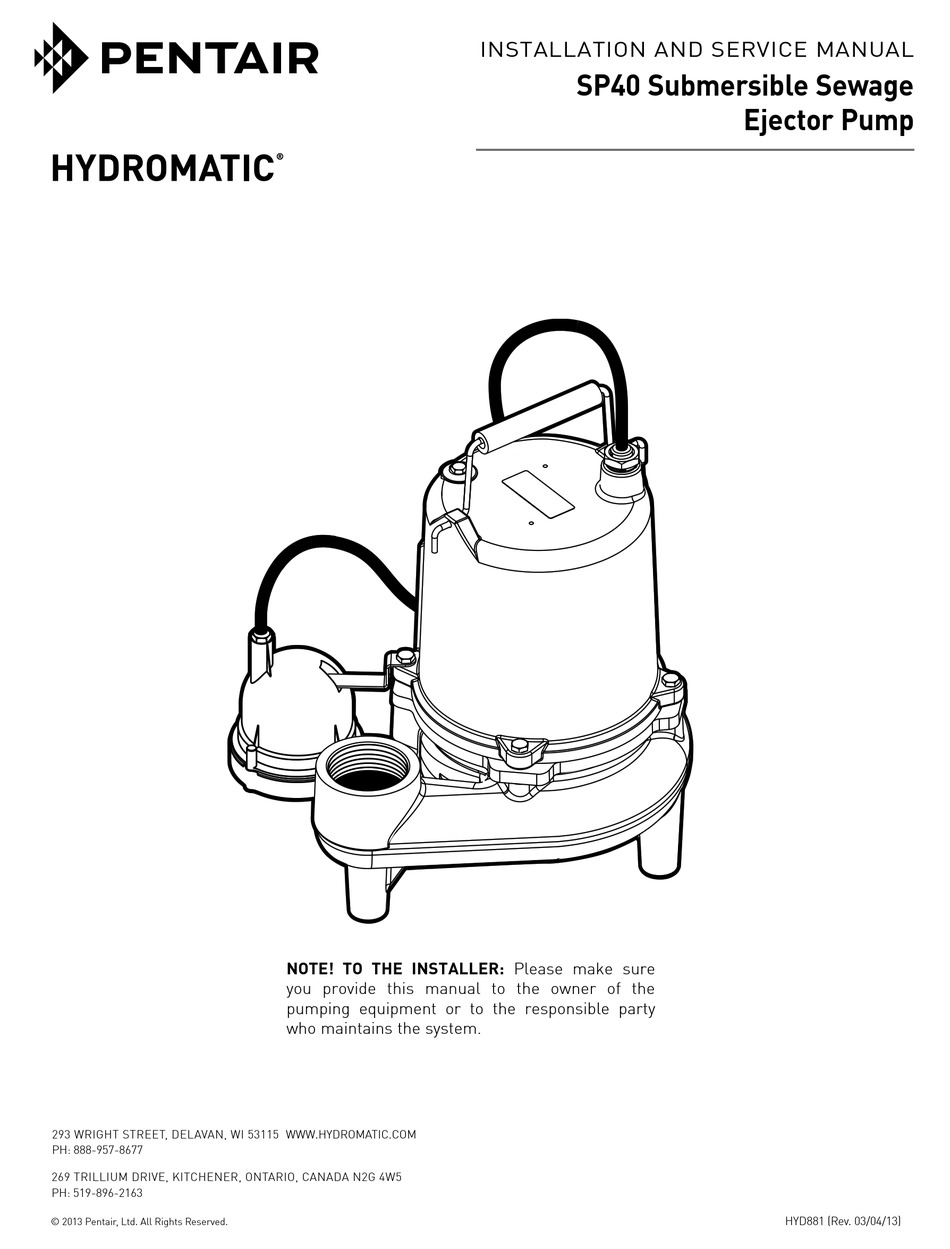 PENTAIR HYDROMATIC SP40 INSTALLATION AND SERVICE MANUAL Pdf Download