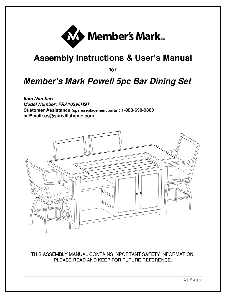 MEMBER'S MARK POWELL FRA10396HST ASSEMBLY INSTRUCTIONS & USER MANUAL