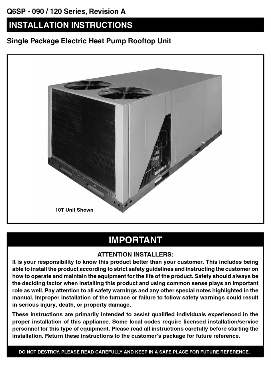 NORDYNE Q6SP090 SERIES INSTALLATION INSTRUCTIONS MANUAL Pdf Download
