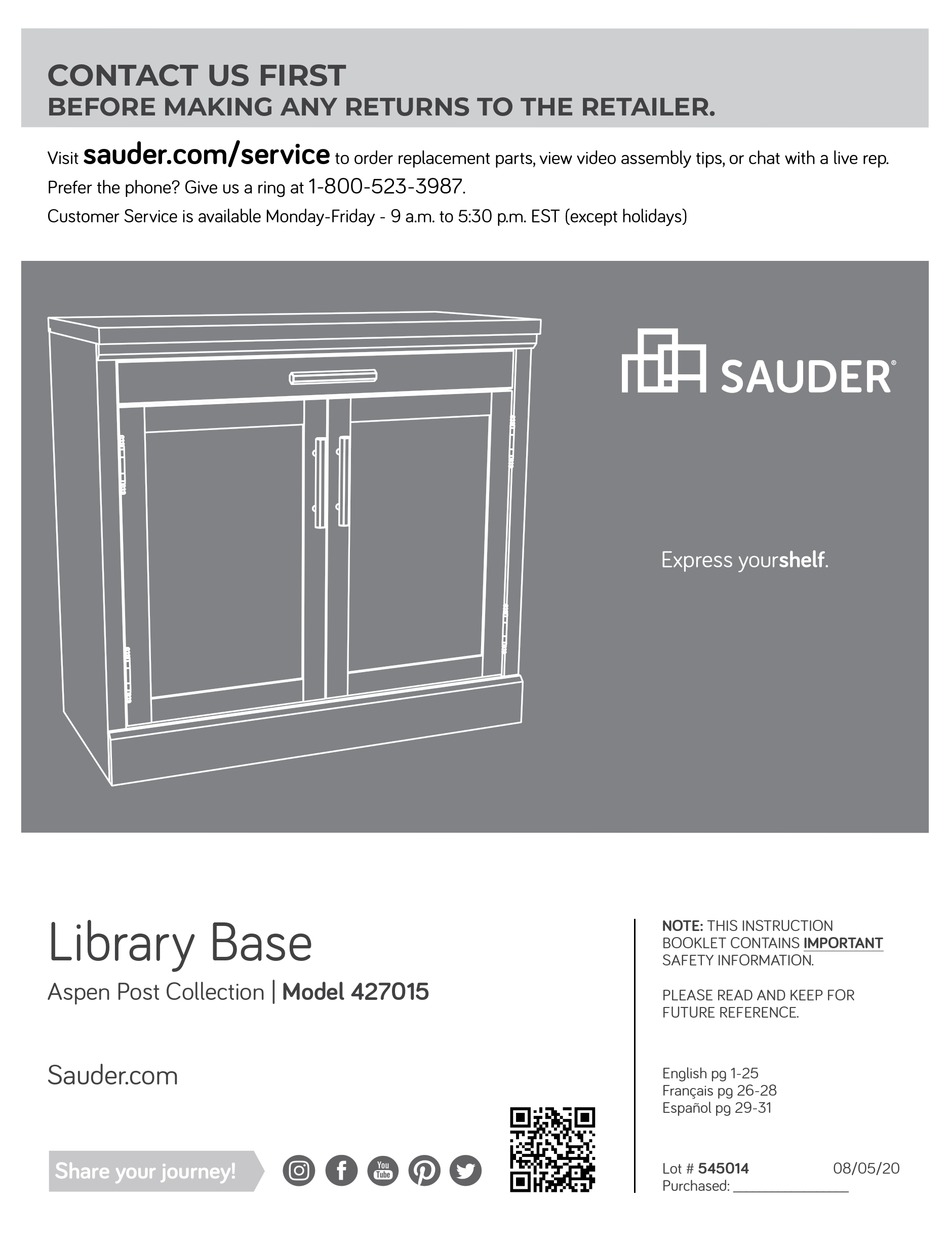 SAUDER ASPEN POST 427015 MANUAL Pdf Download ManualsLib