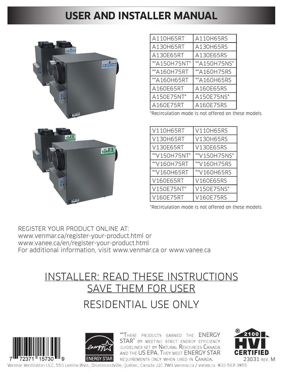 VENMAR A110H65RT USER'S AND INSTALLER'S MANUAL Pdf Download ManualsLib