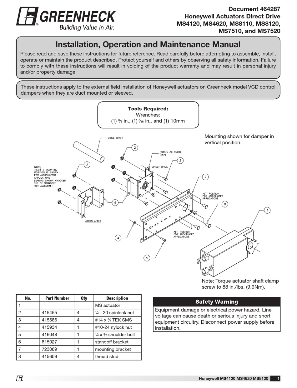 HONEYWELL GREENHECK MS4120 INSTALLATION, OPERATION AND MAINTENANCE