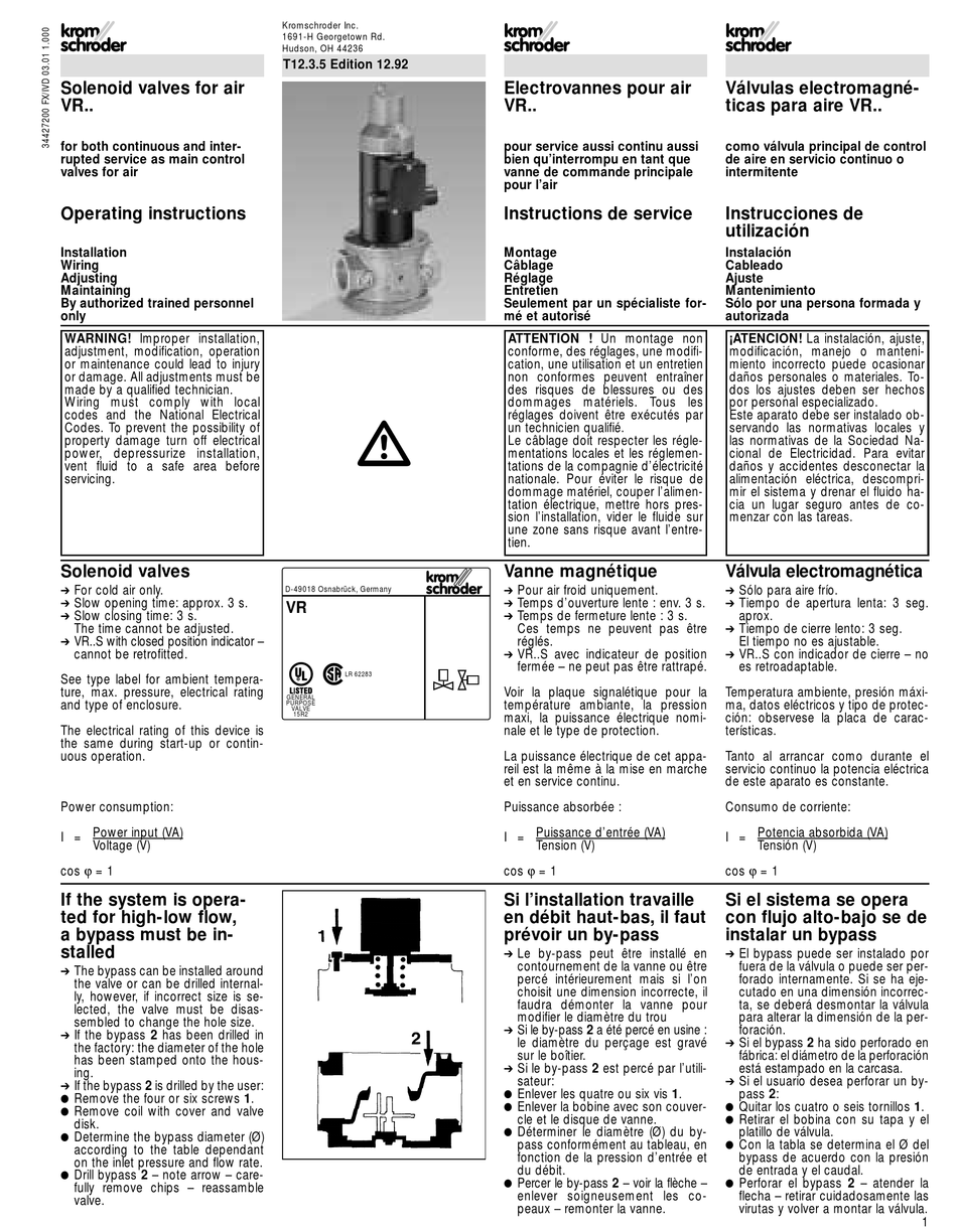 KROM SCHROEDER VR SERIES OPERATING INSTRUCTIONS MANUAL Pdf Download