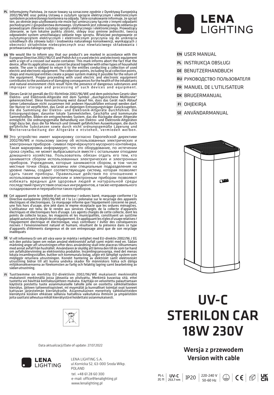 Lena Lighting Uv C Sterilon Car W V User Manual Pdf Download Manualslib