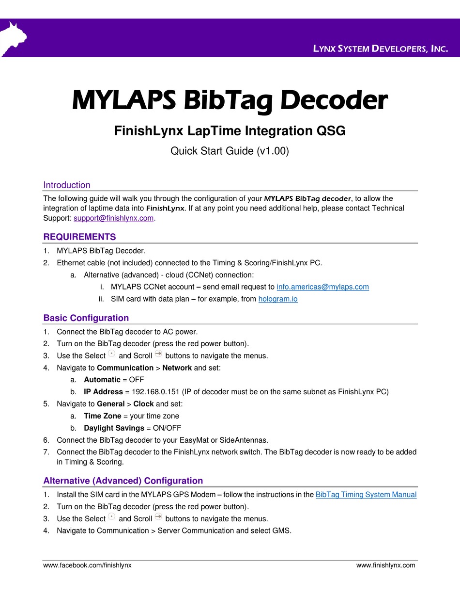 LYNX SYSTEM DEVELOPERS MYLAPS QUICK START MANUAL Pdf Download ManualsLib