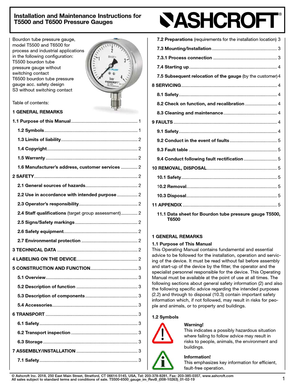 ASHCROFT T5500 INSTALLATION AND MAINTENANCE INSTRUCTIONS Pdf Download