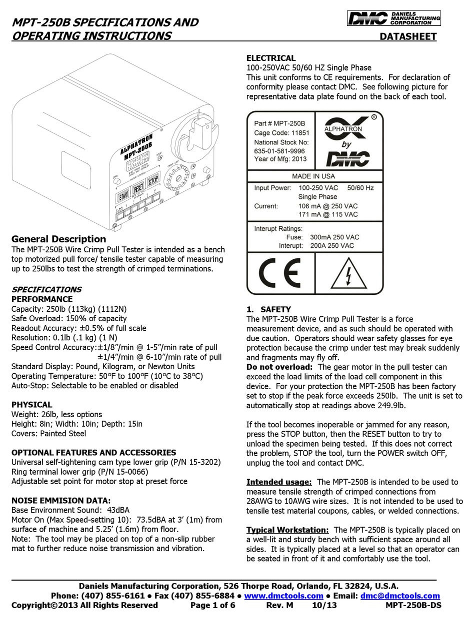 DMC MPT250B SPECIFICATION AND OPERATING INSTRUCTIONS Pdf Download