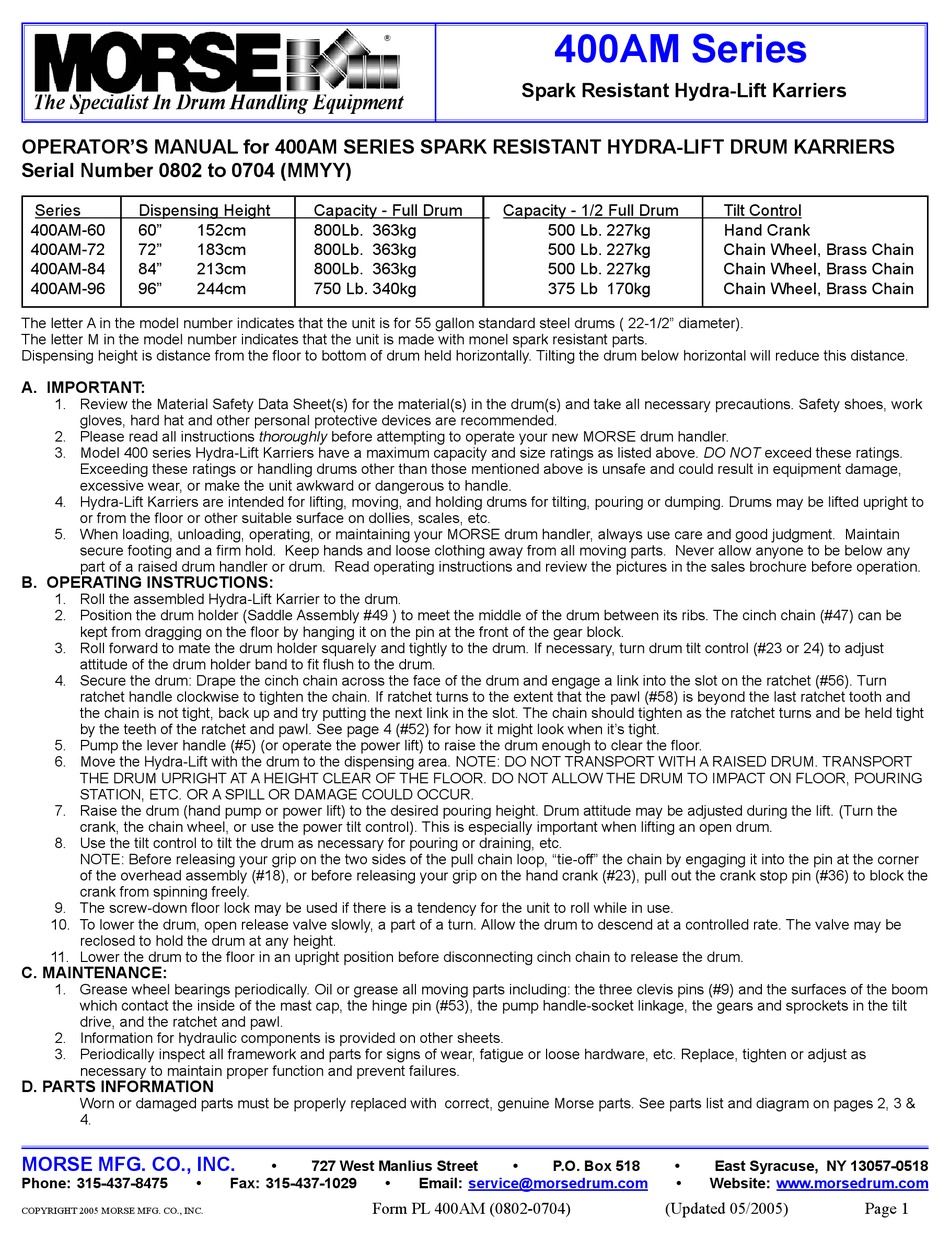 MORSE 400AM SERIES ASSEMBLY & OPERATORS MANUAL Pdf Download ManualsLib