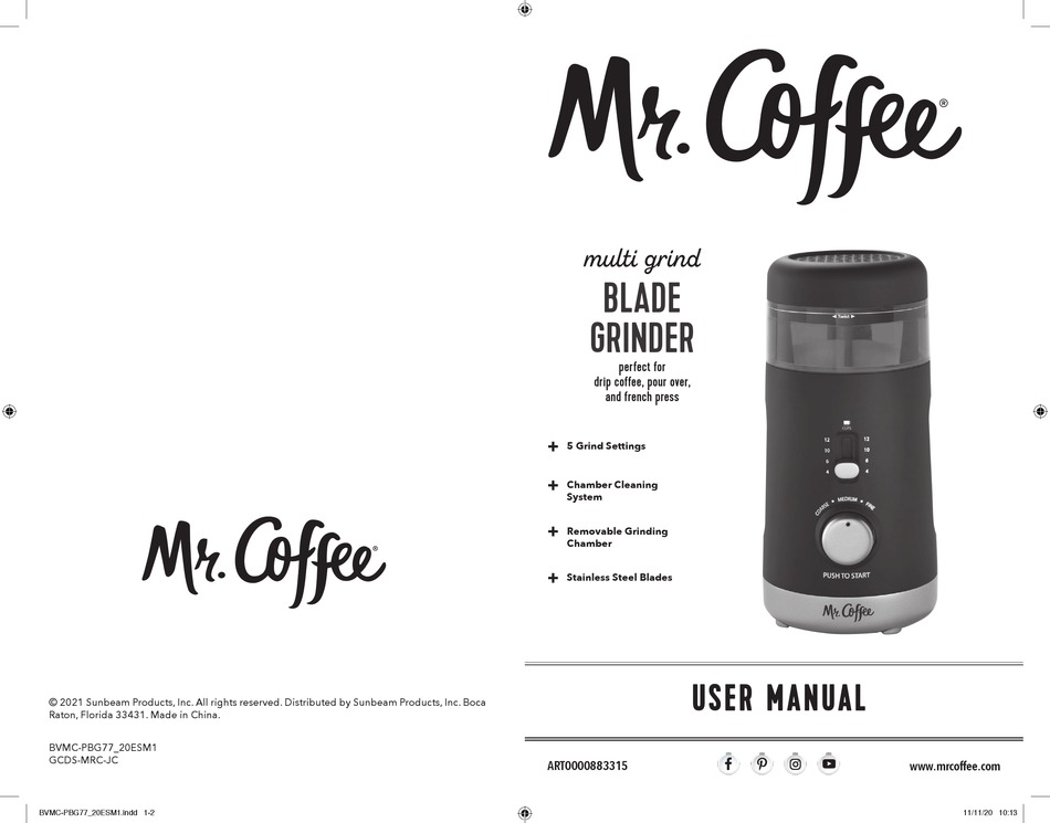 SUNBEAM PRODUCTS MR.COFFEE MULTI GRIND BLADE GRINDER USER MANUAL Pdf