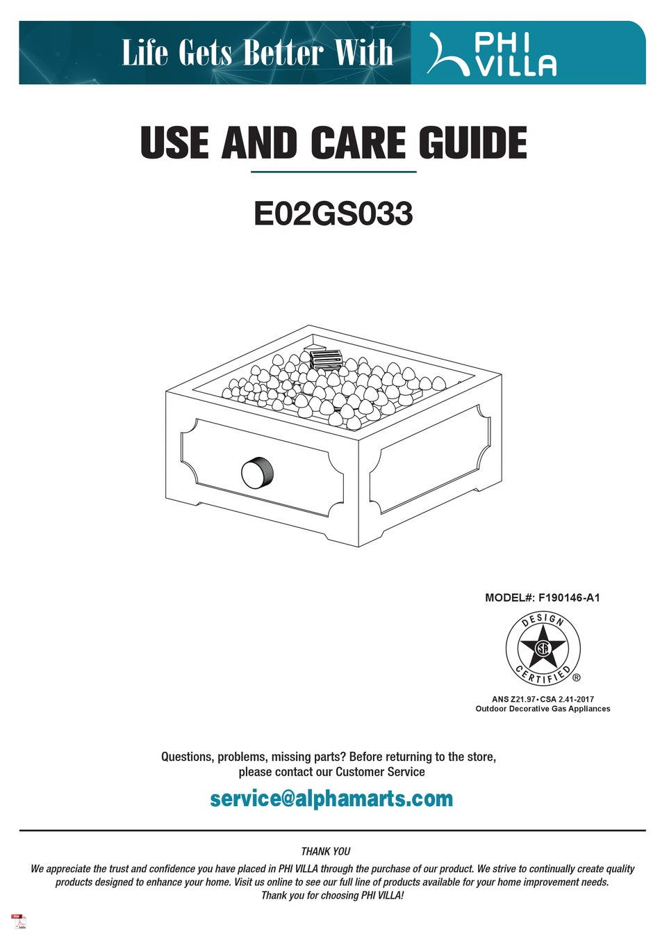 PHI VILLA E02GS033 USE AND CARE MANUAL Pdf Download ManualsLib