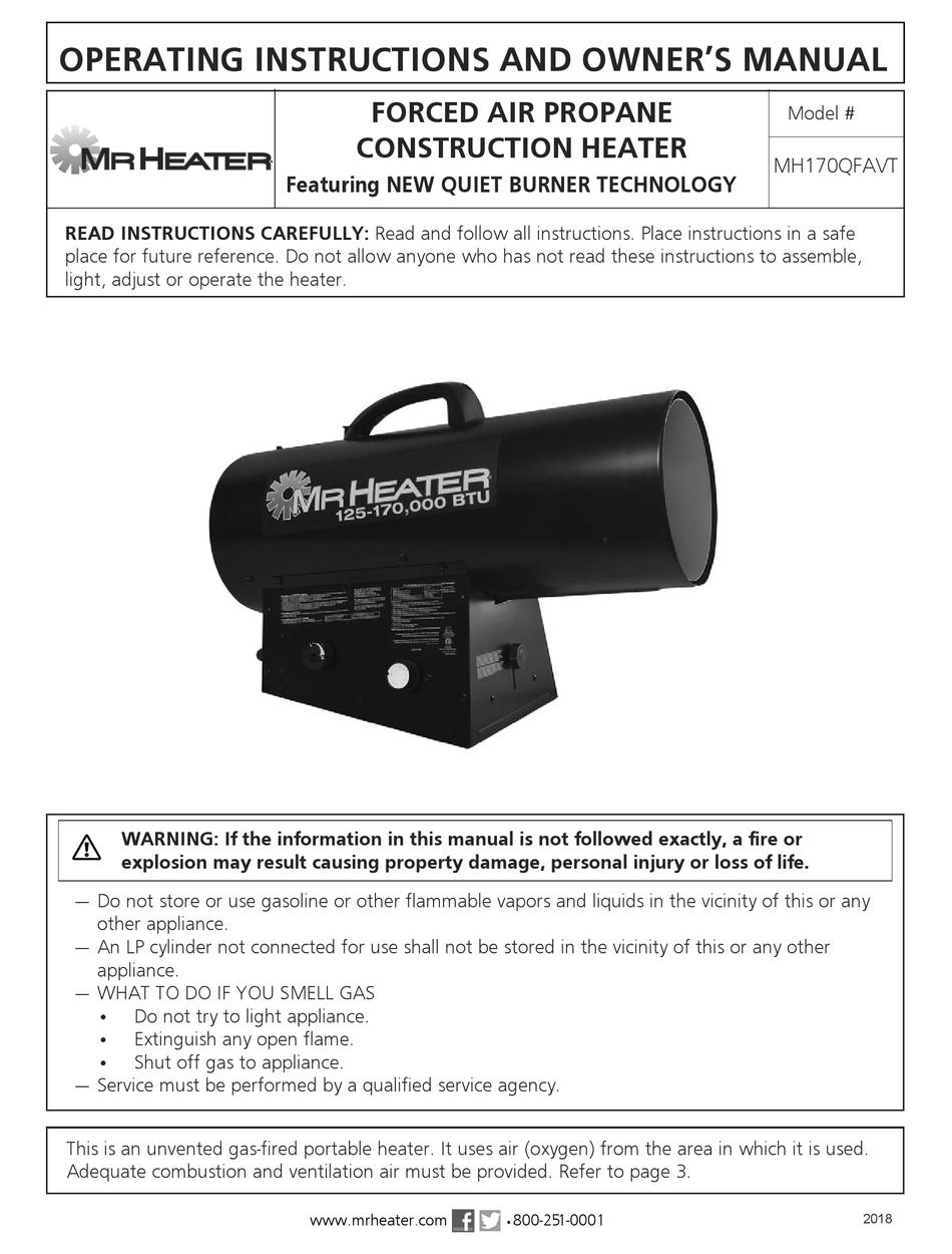 MR. HEATER MHQ170FAVT OPERATING INSTRUCTIONS AND OWNER'S MANUAL Pdf