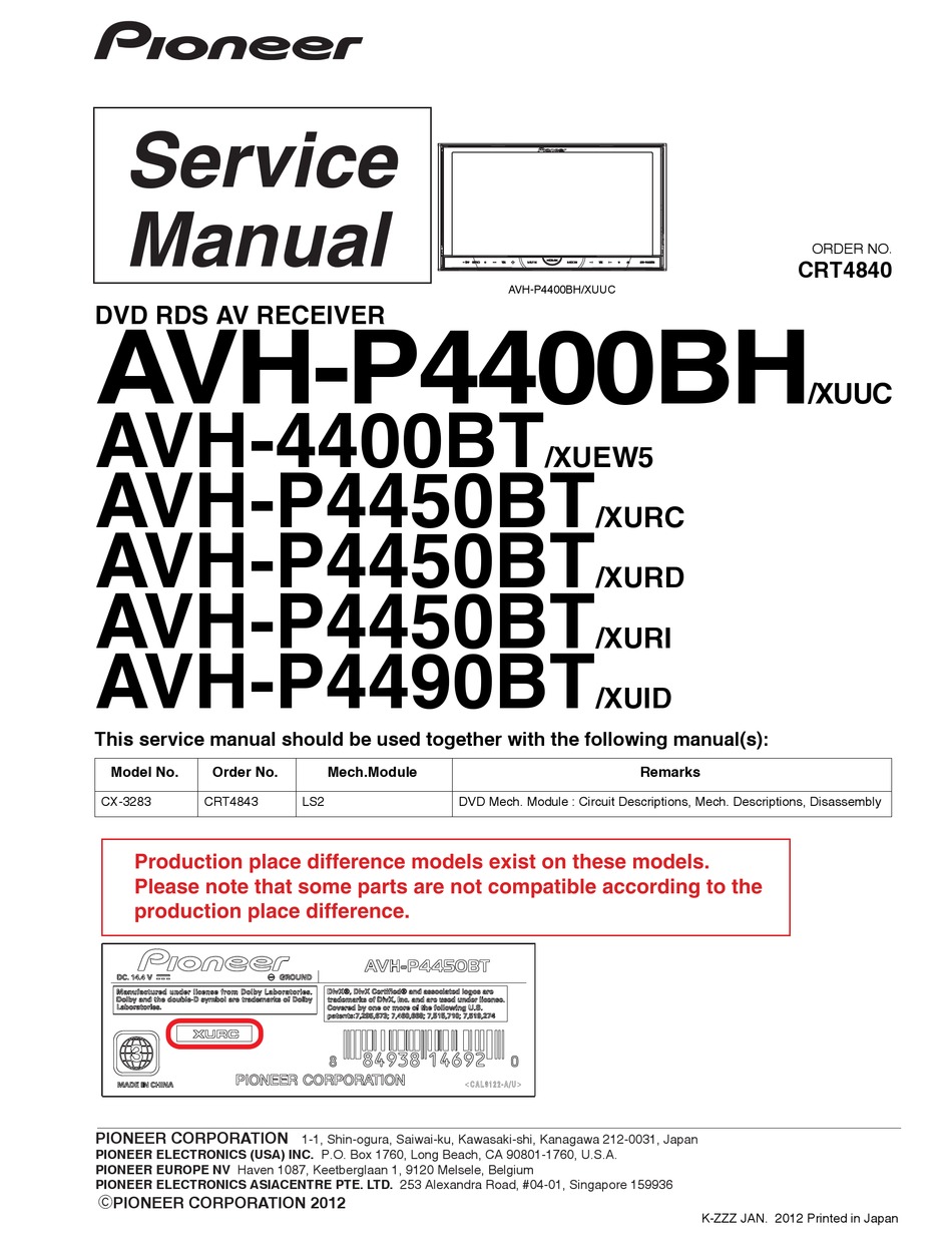 PIONEER AVH-P4400BH/XUUC SERVICE MANUAL Pdf Download | ManualsLib