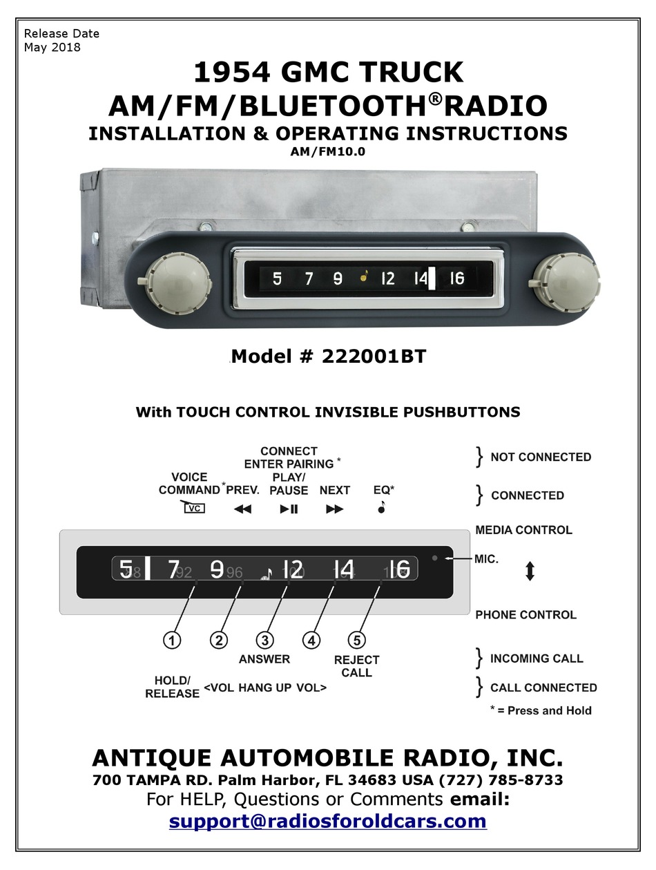 ANTIQUE AUTOMOBILE RADIO 222001BT INSTALLATION & OPERATING INSTRUCTIONS