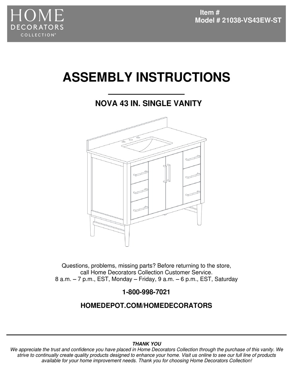 HOME DECORATORS COLLECTION NOVA 21038VS43EWST ASSEMBLY INSTRUCTIONS