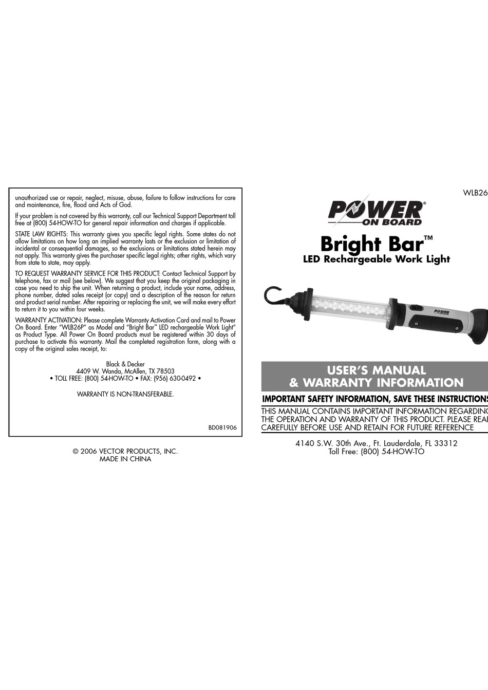 POWER ON BOARD BRIGHT BAR WLB26 USER