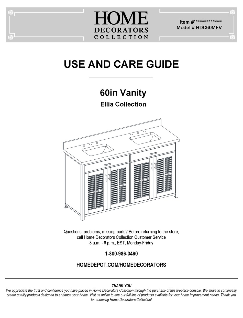 HOME DECORATORS COLLECTION ELLIA HDC60MFV USE AND CARE MANUAL Pdf
