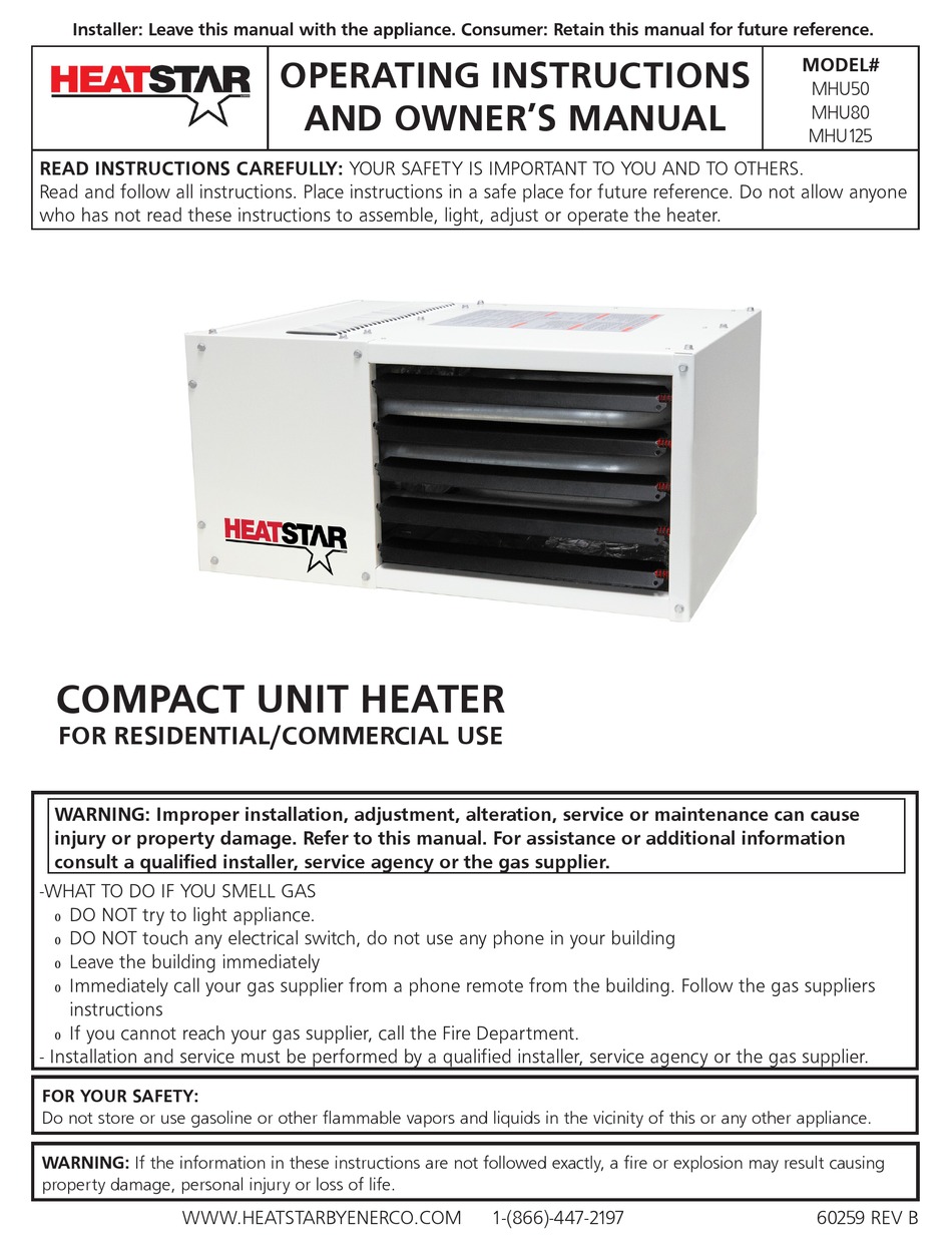 HEATSTAR MHU50 OPERATING INSTRUCTIONS AND OWNER'S MANUAL Pdf Download