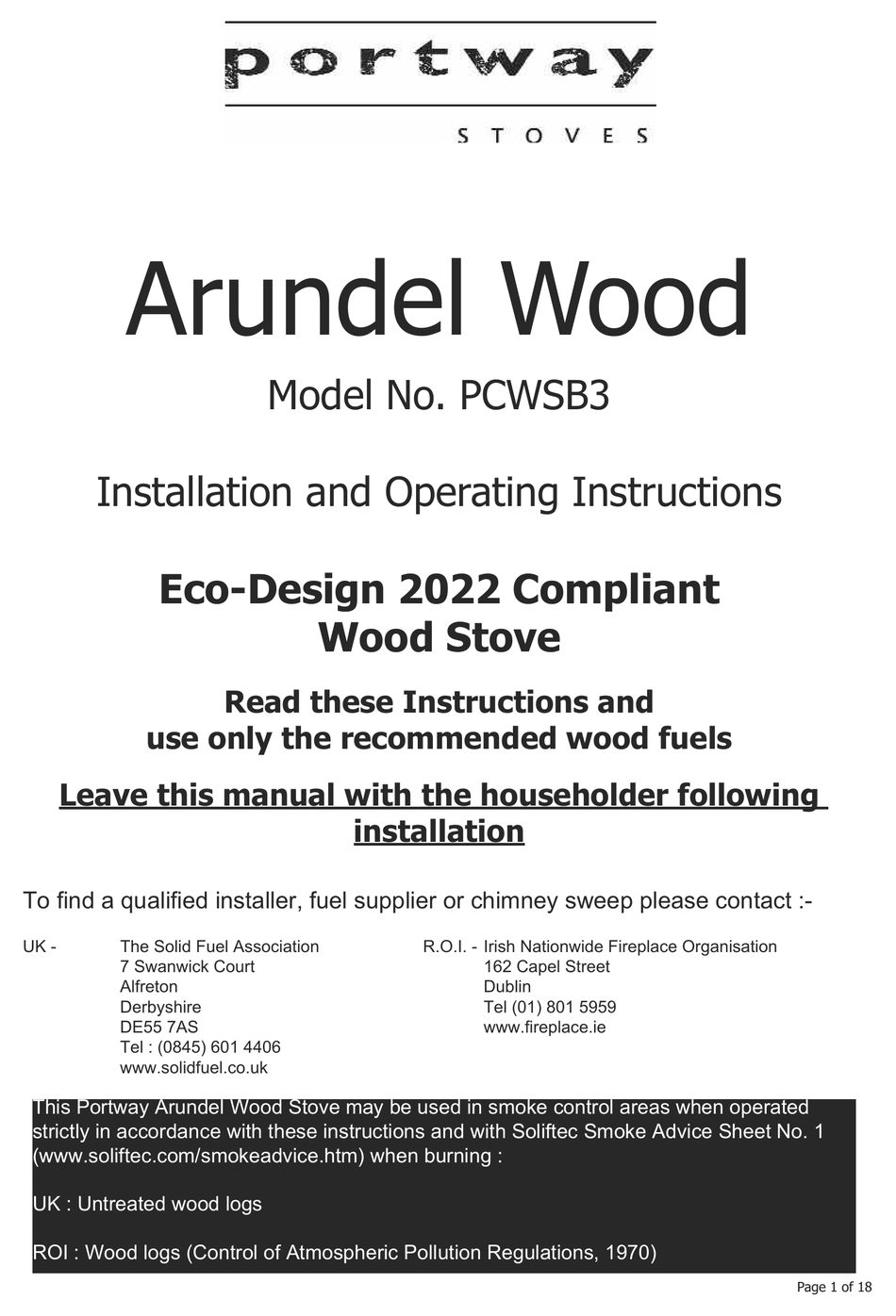 PORTWAY ARUNDEL WOOD PCWSB3 INSTALLATION AND OPERATING INSTRUCTIONS