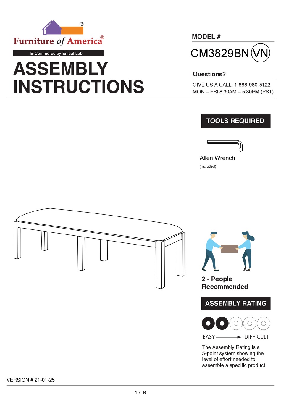FURNITURE OF AMERICA GIANNA CM3829BN ASSEMBLY INSTRUCTIONS MANUAL Pdf