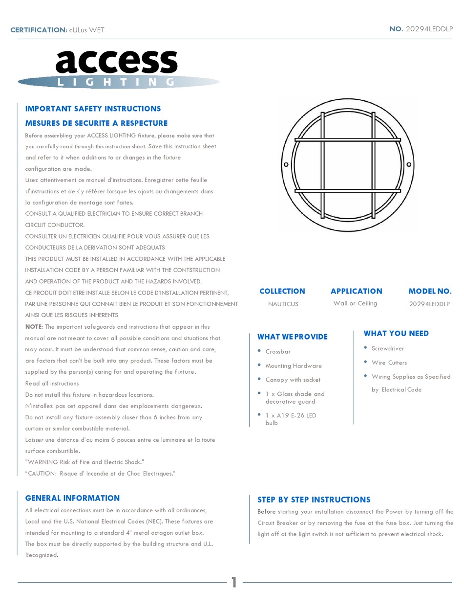 ACCESS LIGHTING NAUTICUS 20294LEDDLP MANUAL Pdf Download ManualsLib