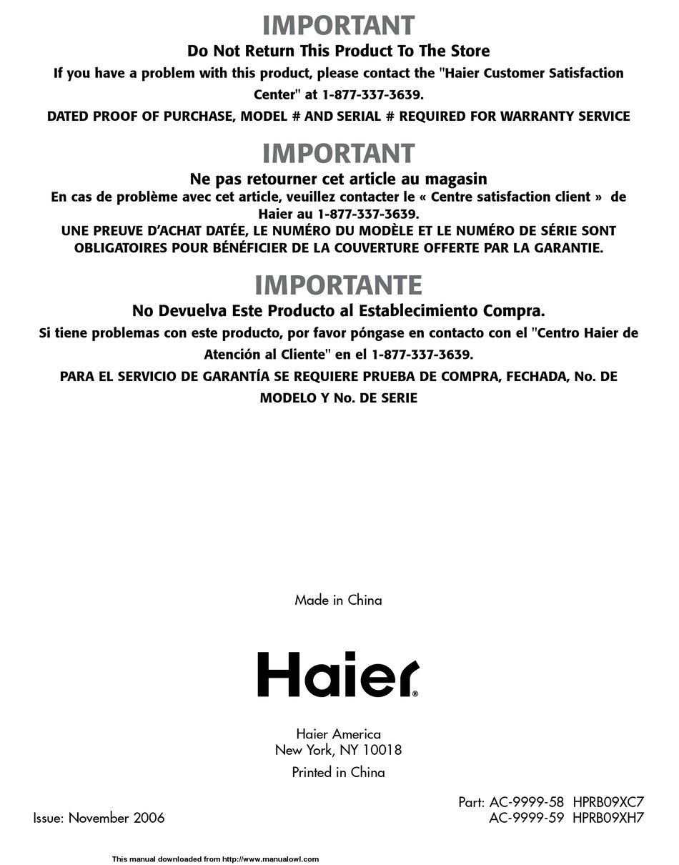 HAIER HPRB09XC7 USER MANUAL Pdf Download ManualsLib