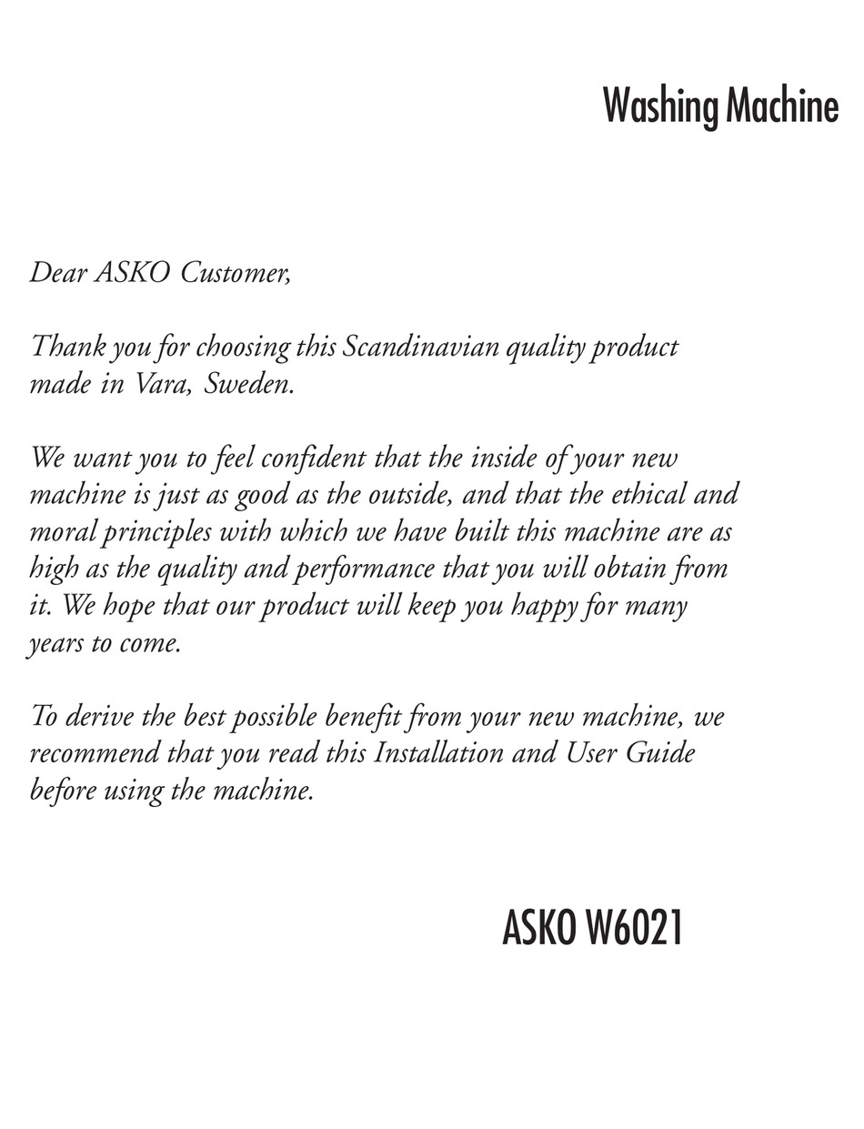 ASKO W6021WH INSTALLATION AND USER MANUAL Pdf Download ManualsLib