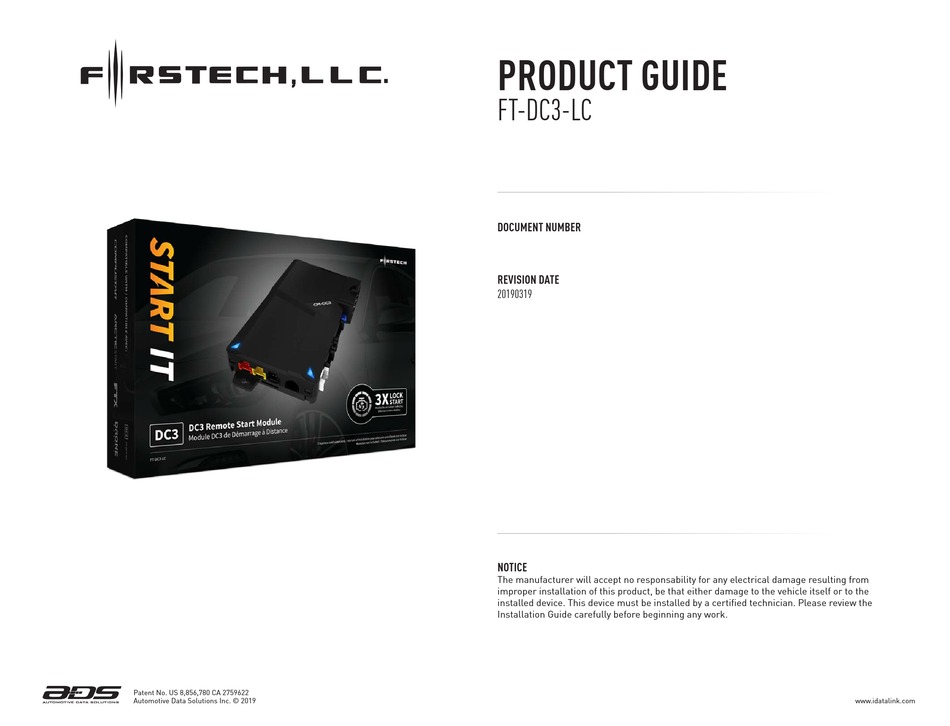 AUTOMOTIVE DATA SOLUTIONS FIRSTECH FTDC3LC PRODUCT MANUAL Pdf