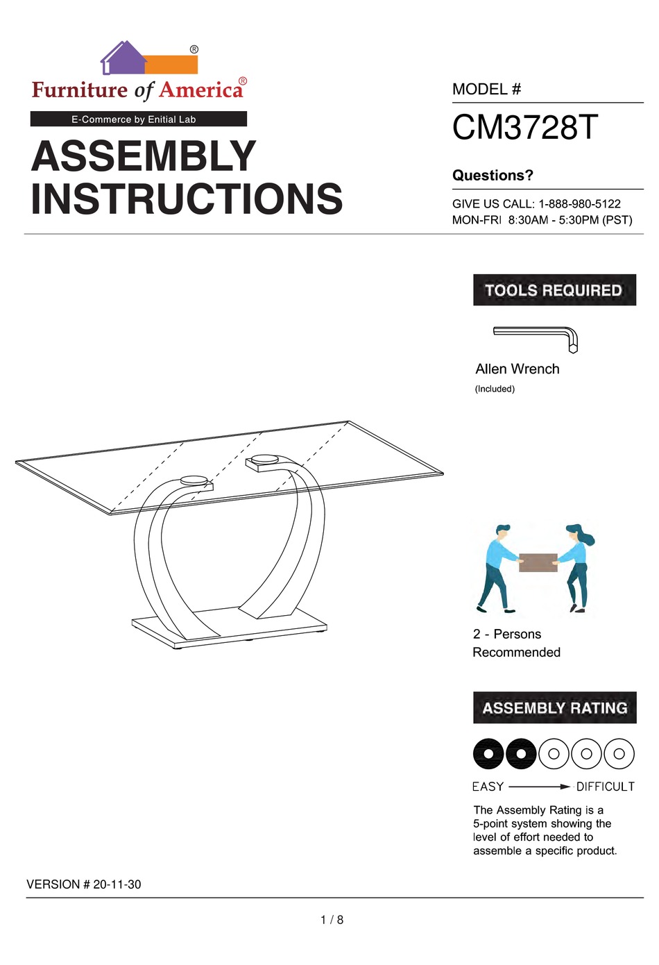 FURNITURE OF AMERICA CM3728T ASSEMBLY INSTRUCTIONS MANUAL Pdf Download