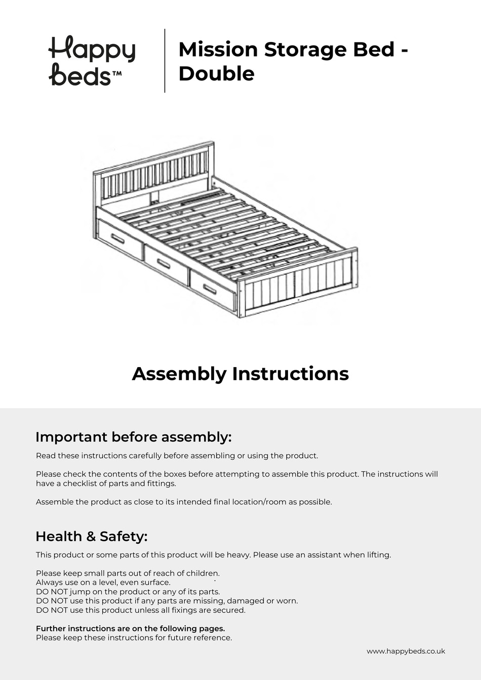 HAPPY BEDS MISSION STORAGE BED DOUBLE ASSEMBLY INSTRUCTIONS MANUAL Pdf