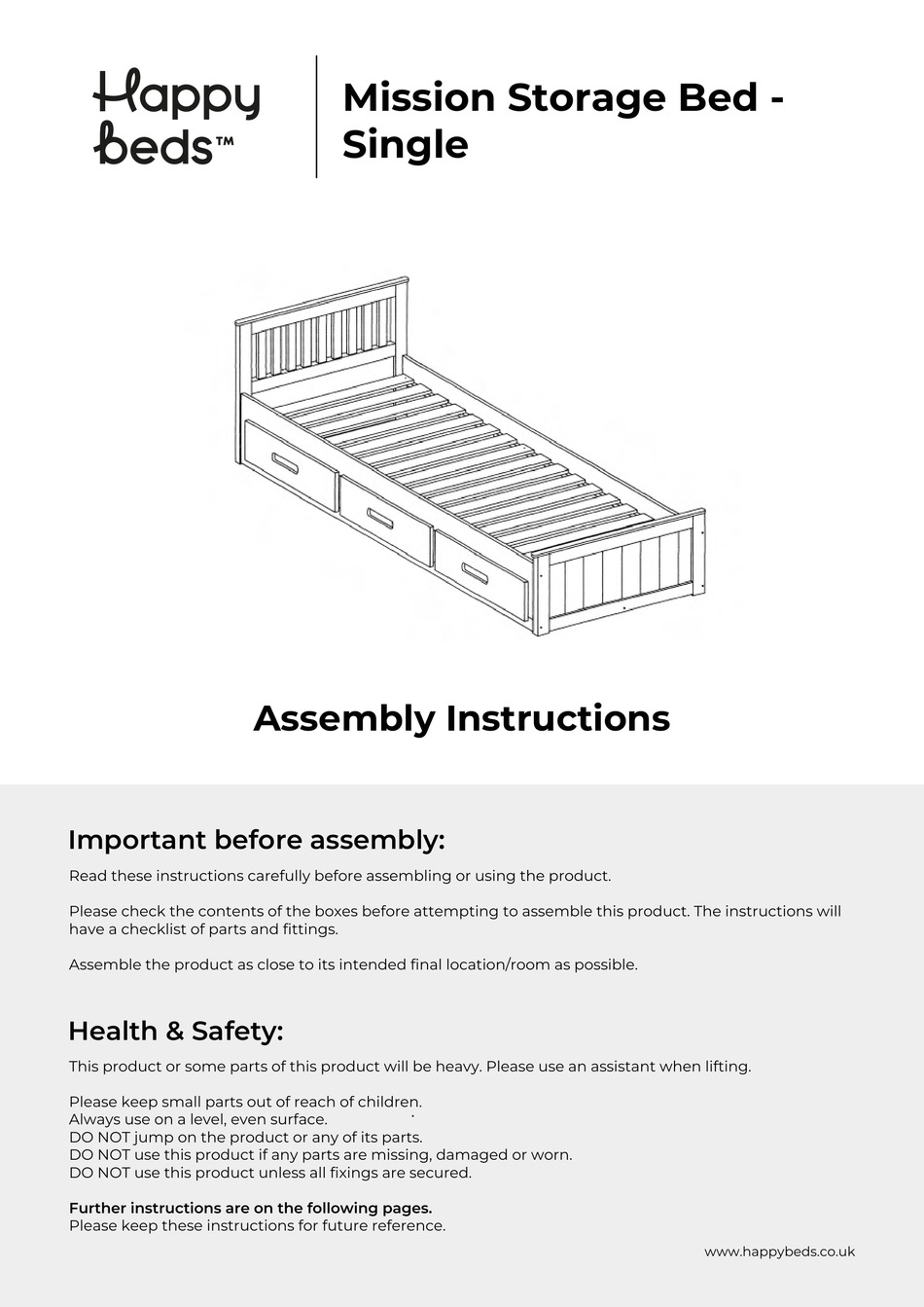 HAPPY BEDS MISSION STORAGE BEDB SINGLE ASSEMBLY INSTRUCTIONS MANUAL Pdf