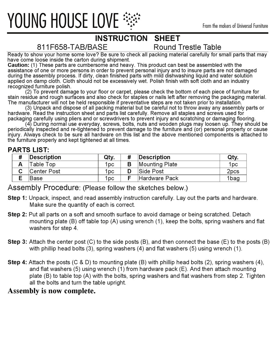 YOUNG HOUSE LOVE 811F658TAB/BASE INSTRUCTION SHEET Pdf Download