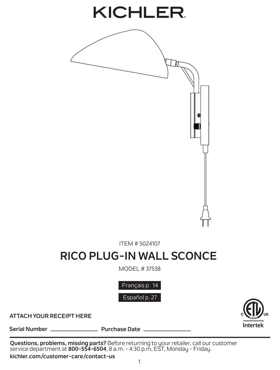 KICHLER LIGHTING RICO 37538 INSTRUCTIONS MANUAL Pdf Download ManualsLib