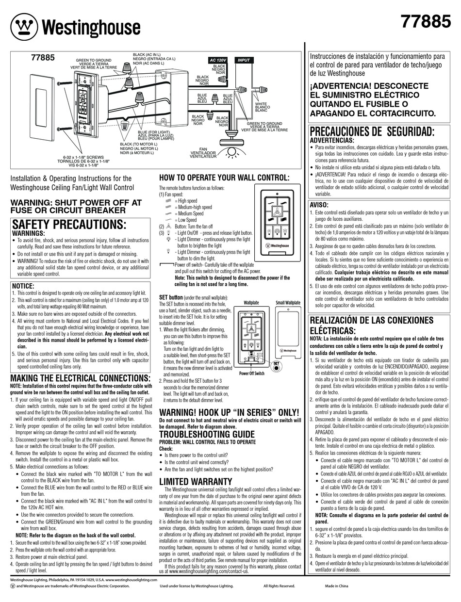 WESTINGHOUSE 77885 INSTALLATION & OPERATING INSTRUCTION Pdf Download