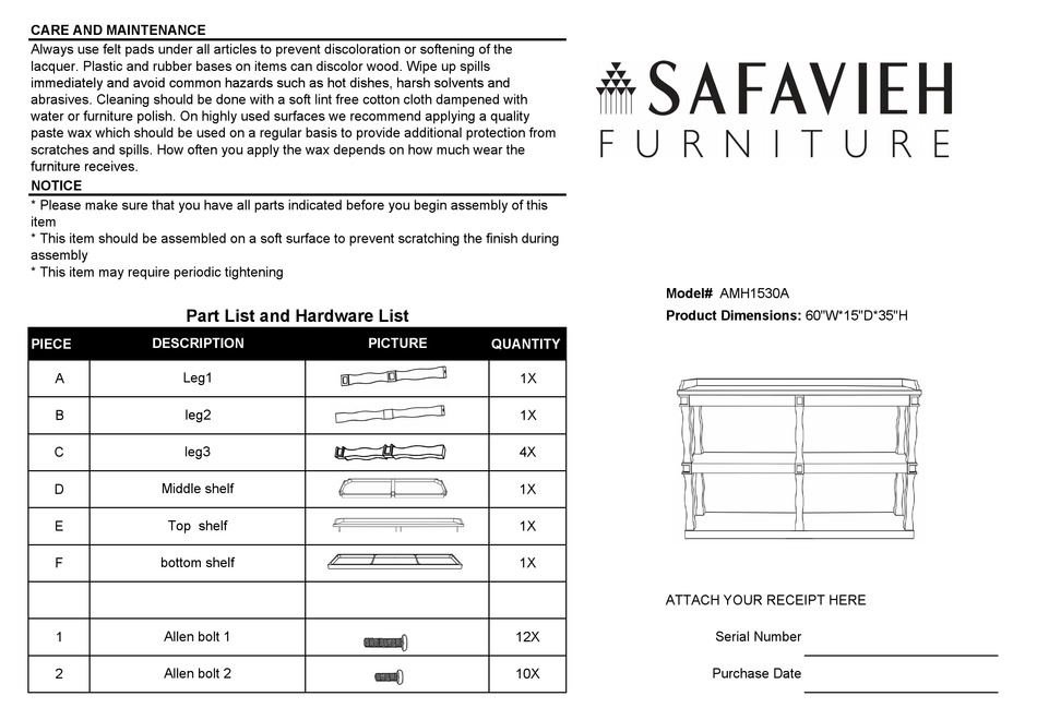 SAFAVIEH FURNITURE BEAUREGARD AMH1530A MANUAL Pdf Download | ManualsLib