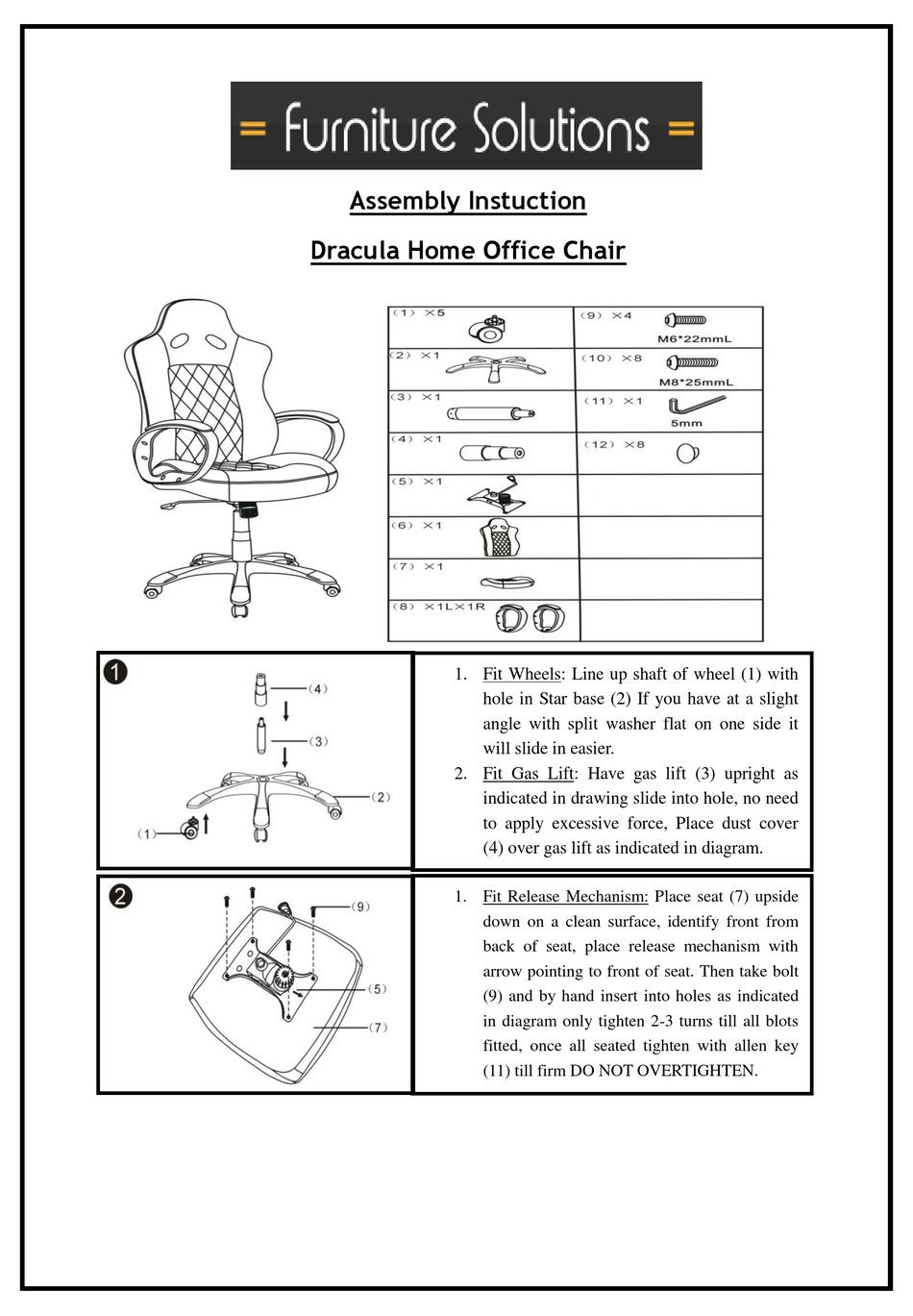 FURNITURE SOLUTIONS DRACULA HOME OFFICE CHAIR ASSEMBLY INSTRUCTION Pdf