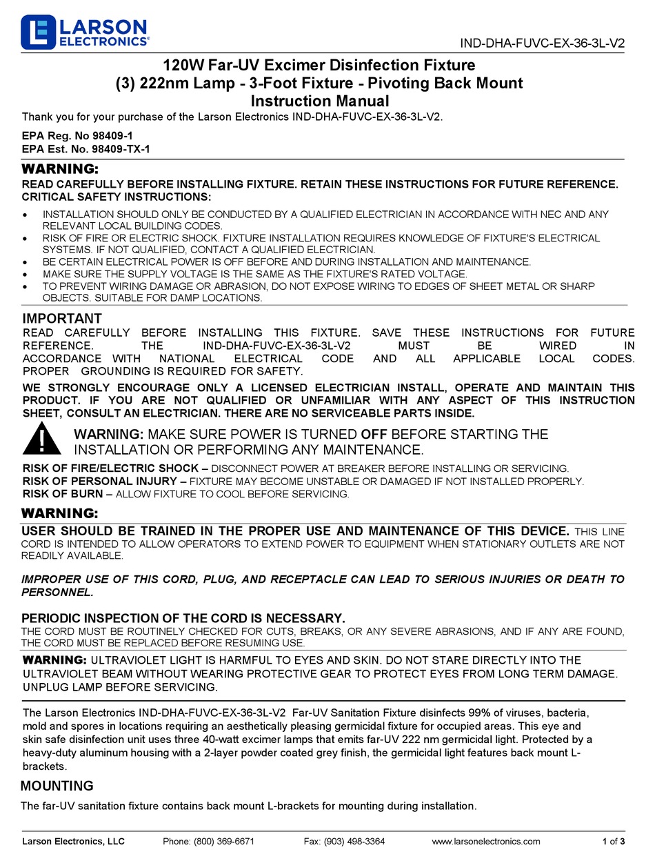 LARSON ELECTRONICS INDDHAFUVCEX363LV2 INSTRUCTION MANUAL Pdf
