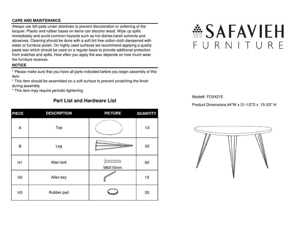 SAFAVIEH FURNITURE FOX4215 QUICK START MANUAL Pdf Download | ManualsLib