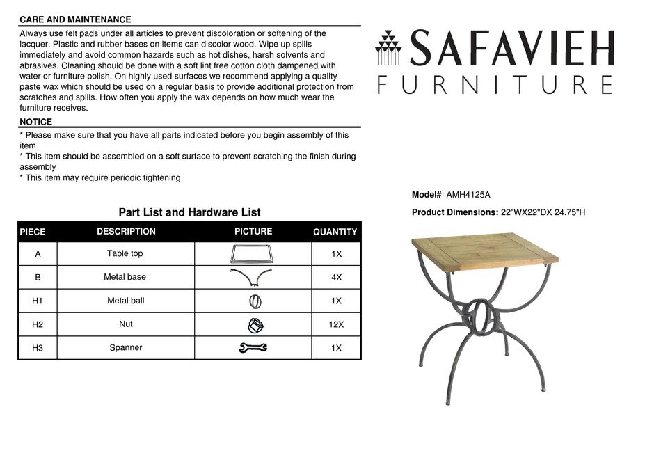 SAFAVIEH FURNITURE AMH4125A QUICK START MANUAL Pdf Download ManualsLib