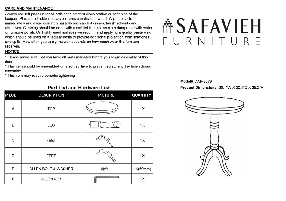 SAFAVIEH FURNITURE AMH6579 QUICK START MANUAL Pdf Download ManualsLib