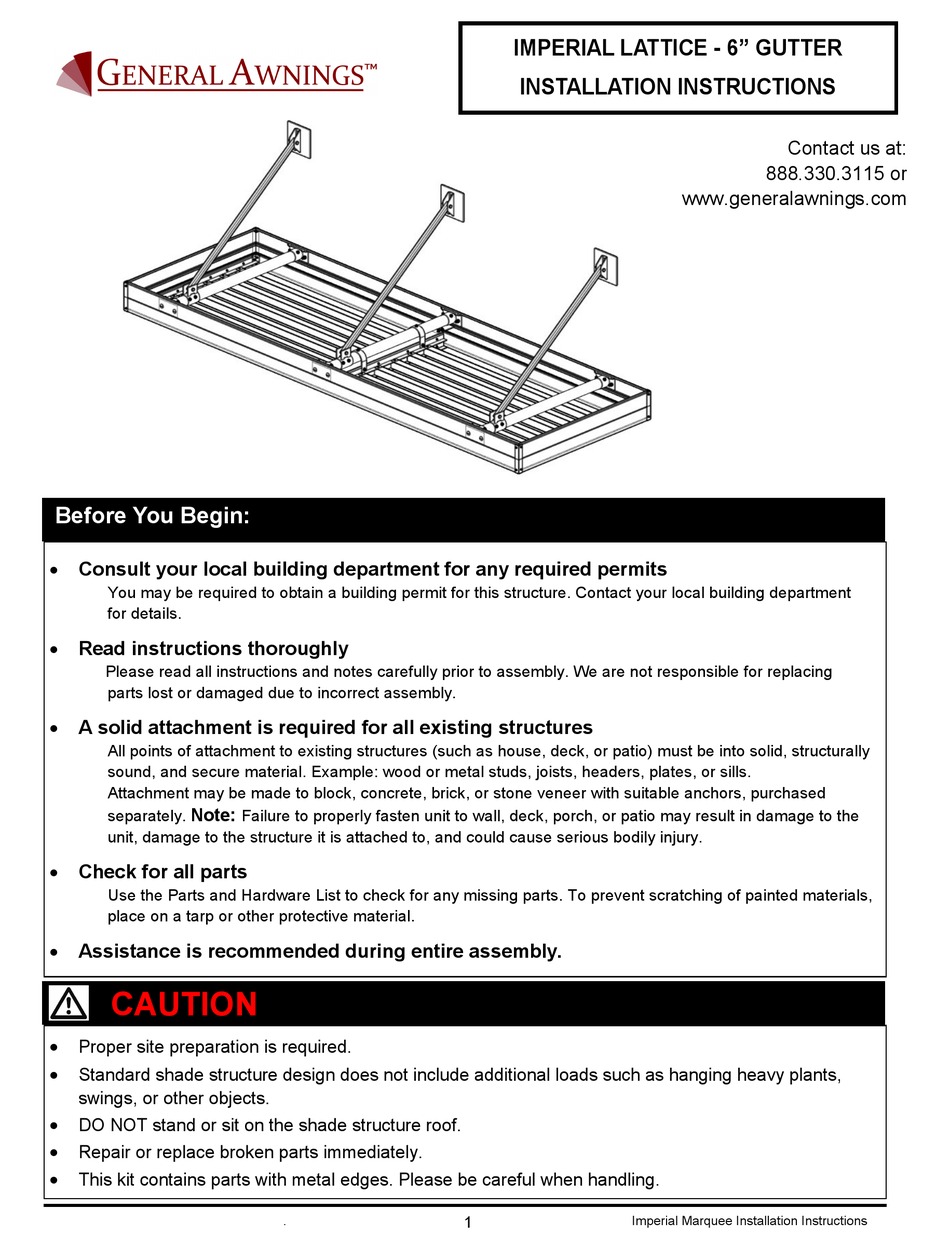 GENERAL AWNINGS IMPERIAL LATTICE6 GUTTER INSTALLATION INSTRUCTIONS MANUAL Pdf Download ManualsLib