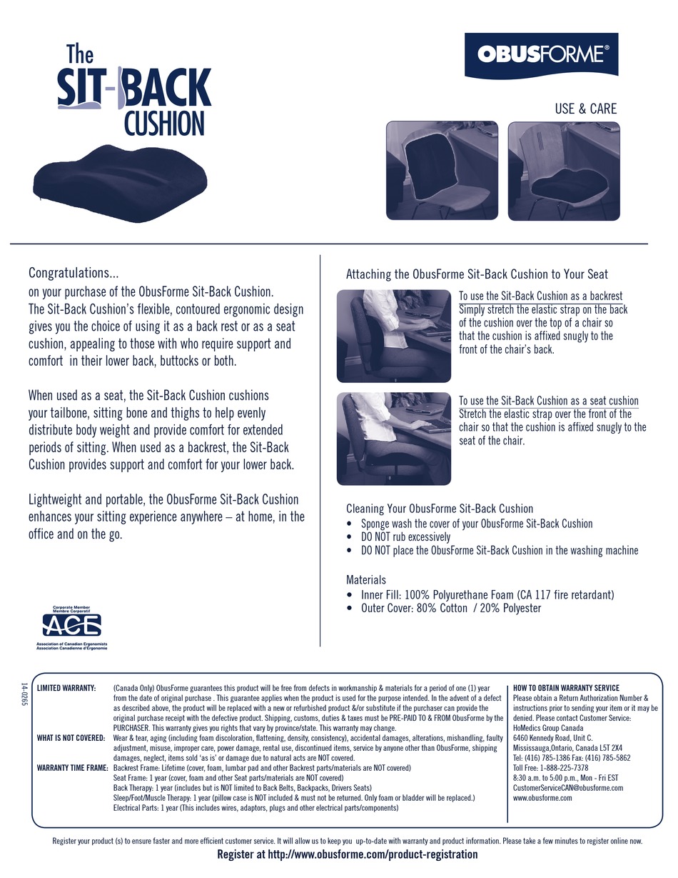 OBUSFORME SITBACK CUSHION USE & CARE Pdf Download ManualsLib