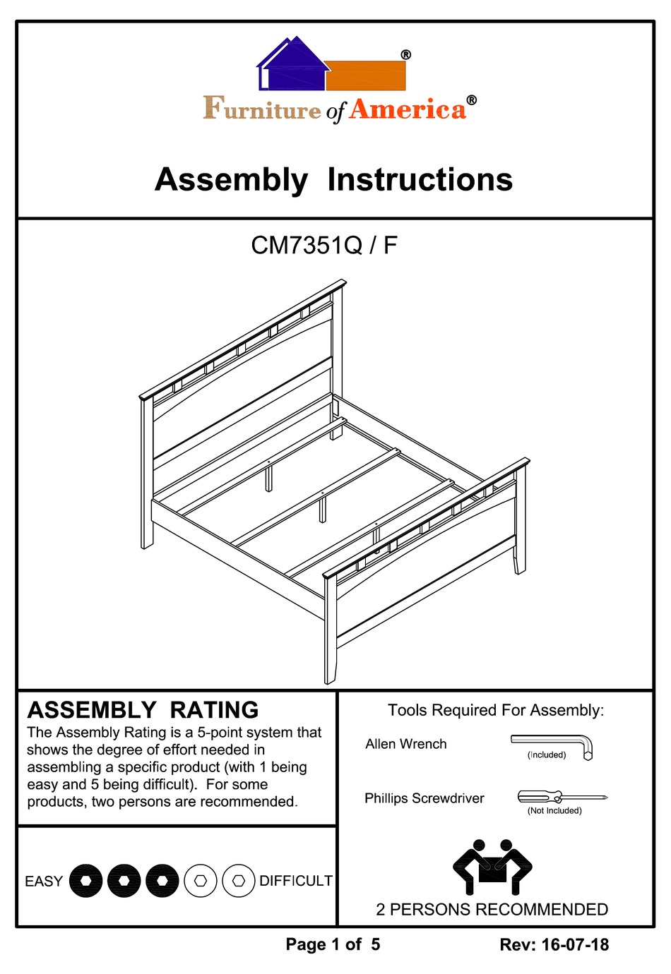 FURNITURE OF AMERICA CM7351Q ASSEMBLY INSTRUCTIONS MANUAL Pdf Download