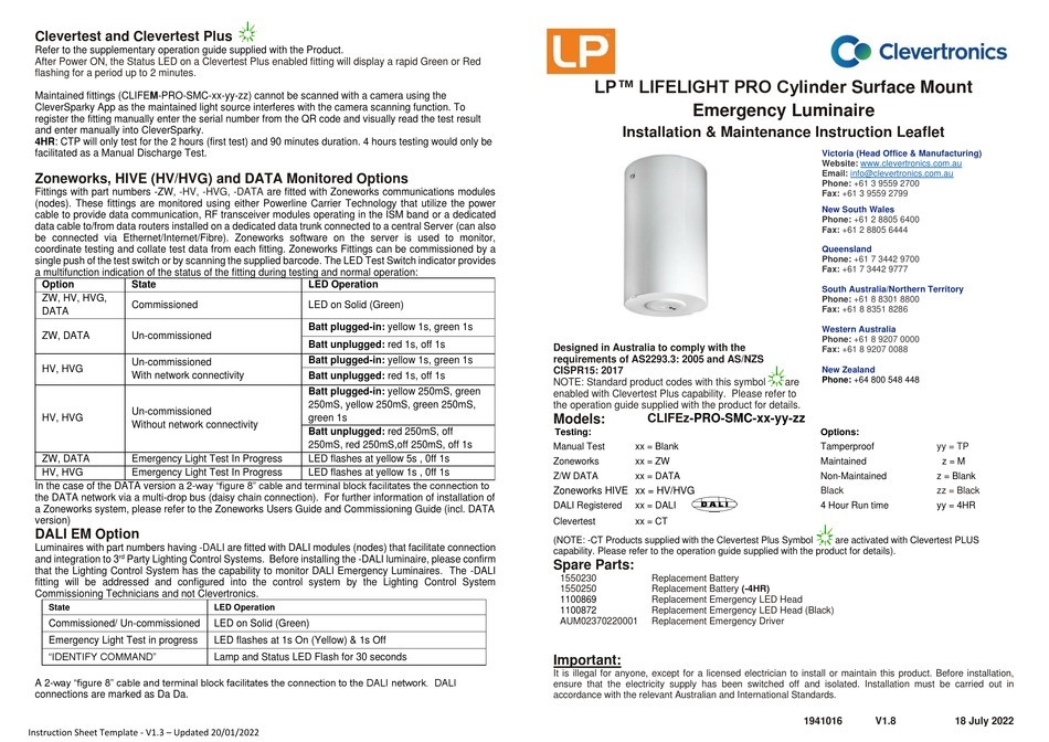 CLEVERTRONICS LP LIFELIGHT PRO CLIFE PROSMC SERIES INSTALLATION