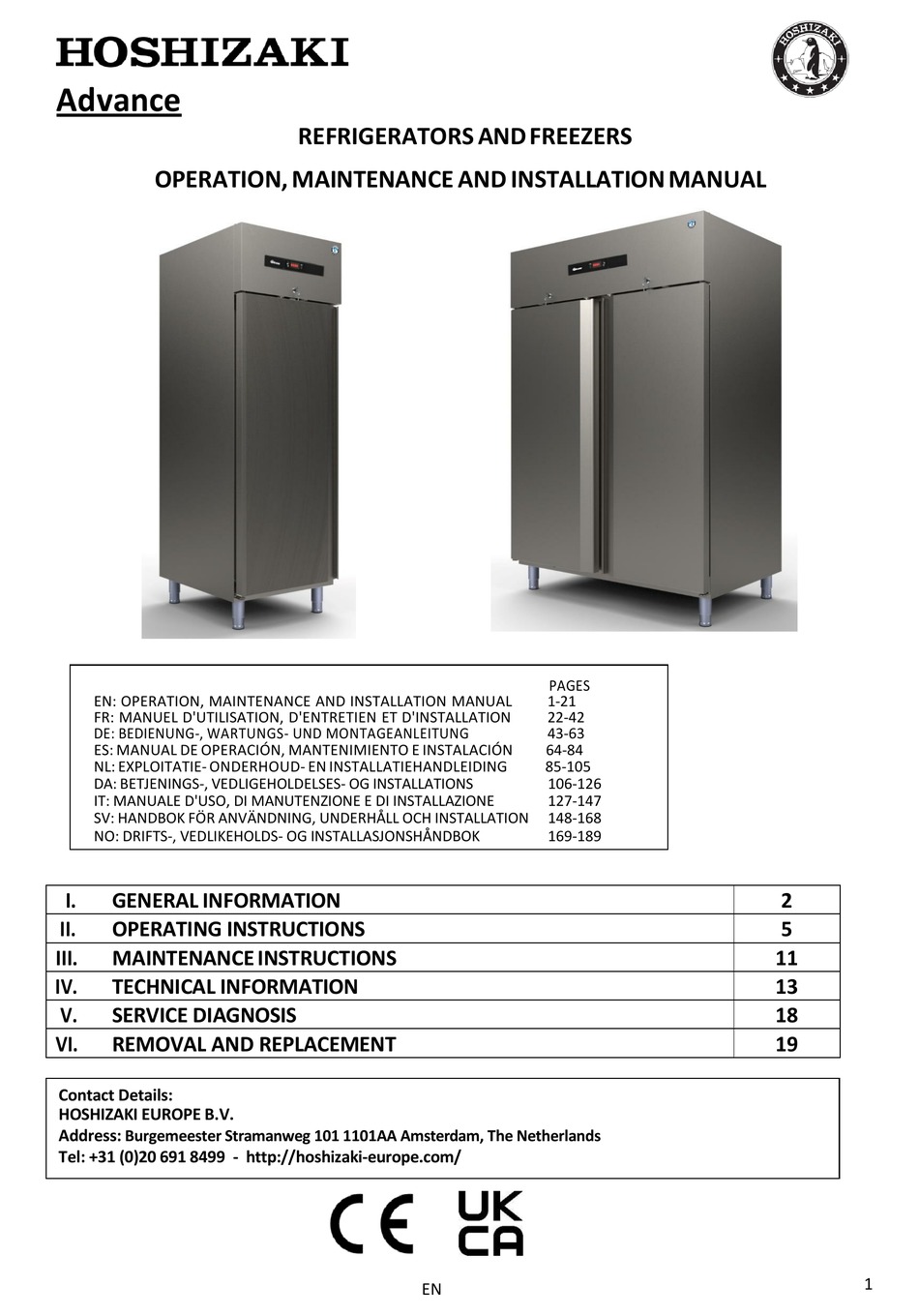 HOSHIZAKI ADVANCE K70 OPERATION, MAINTENANCE AND INSTALLATION MANUAL
