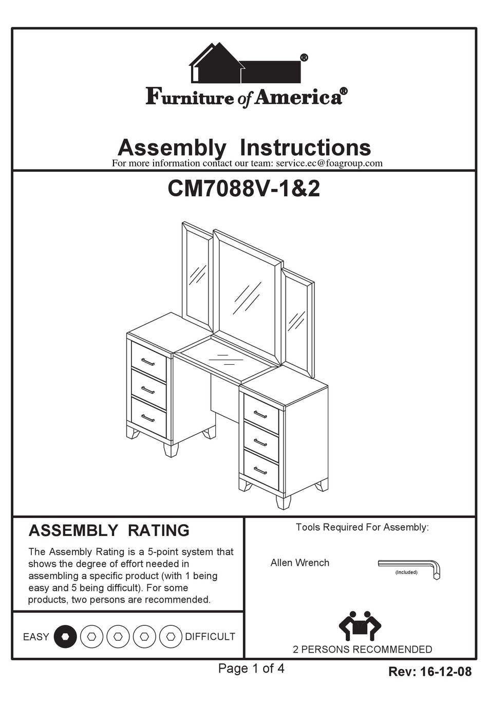 FURNITURE OF AMERICA CM7088V1 ASSEMBLY INSTRUCTIONS Pdf Download