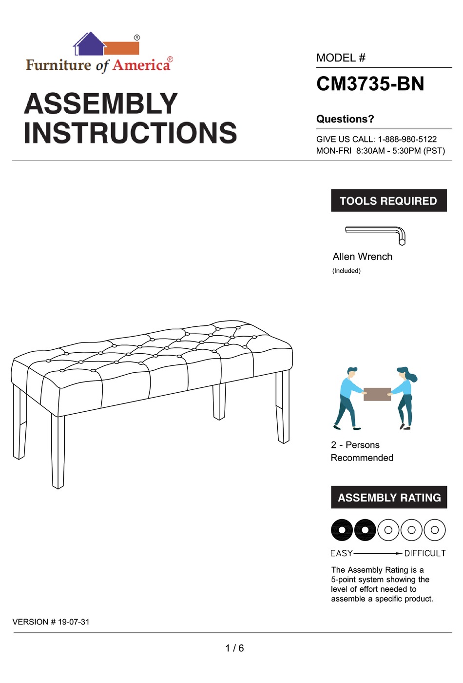 FURNITURE OF AMERICA CM3735BN ASSEMBLY INSTRUCTIONS MANUAL Pdf
