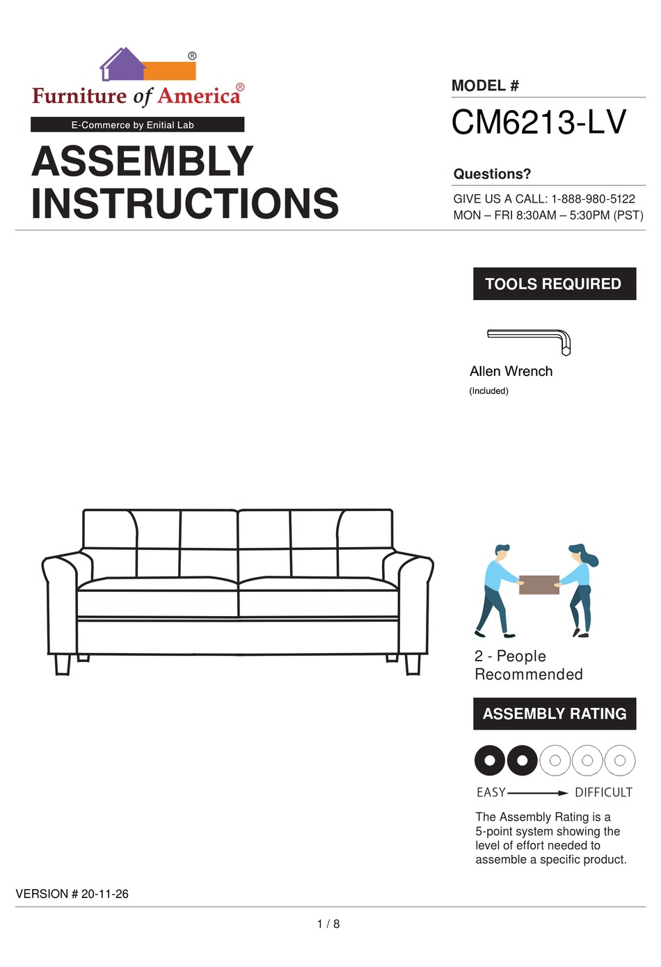 FURNITURE OF AMERICA ALISSA CM6213LV ASSEMBLY INSTRUCTIONS MANUAL Pdf