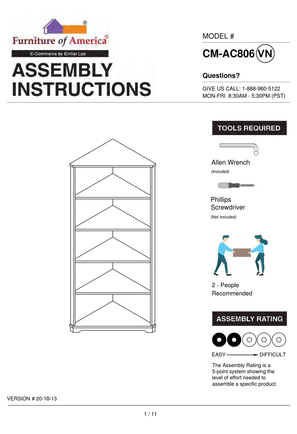 FURNITURE OF AMERICA ROCKWALL CMAC806 ASSEMBLY INSTRUCTIONS MANUAL Pdf